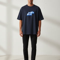 Blue t-shirt with 'GOD's Plan' text in blue and white on a light gray background