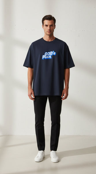 Blue t-shirt with 'GOD's Plan' text in blue and white on a light gray background