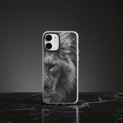Phone case with a black and white lion design on a light gray background