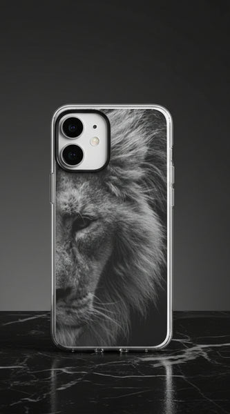 Phone case with a black and white lion design on a light gray background