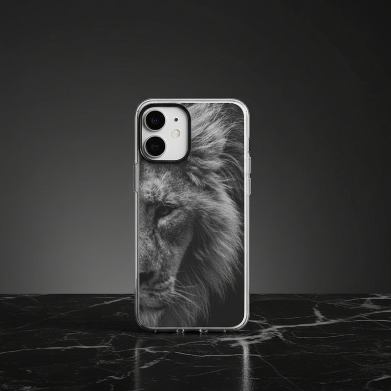 Phone case with a black and white lion design on a light gray background