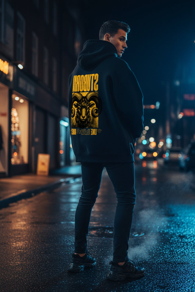 Navy blue hoodie with yellow graphic and text on a white background