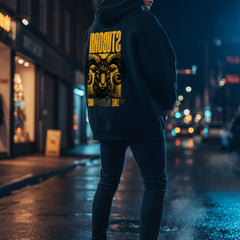 Navy blue hoodie with yellow graphic and text on a white background