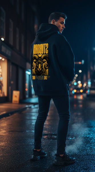 Navy blue hoodie with yellow graphic and text on a white background