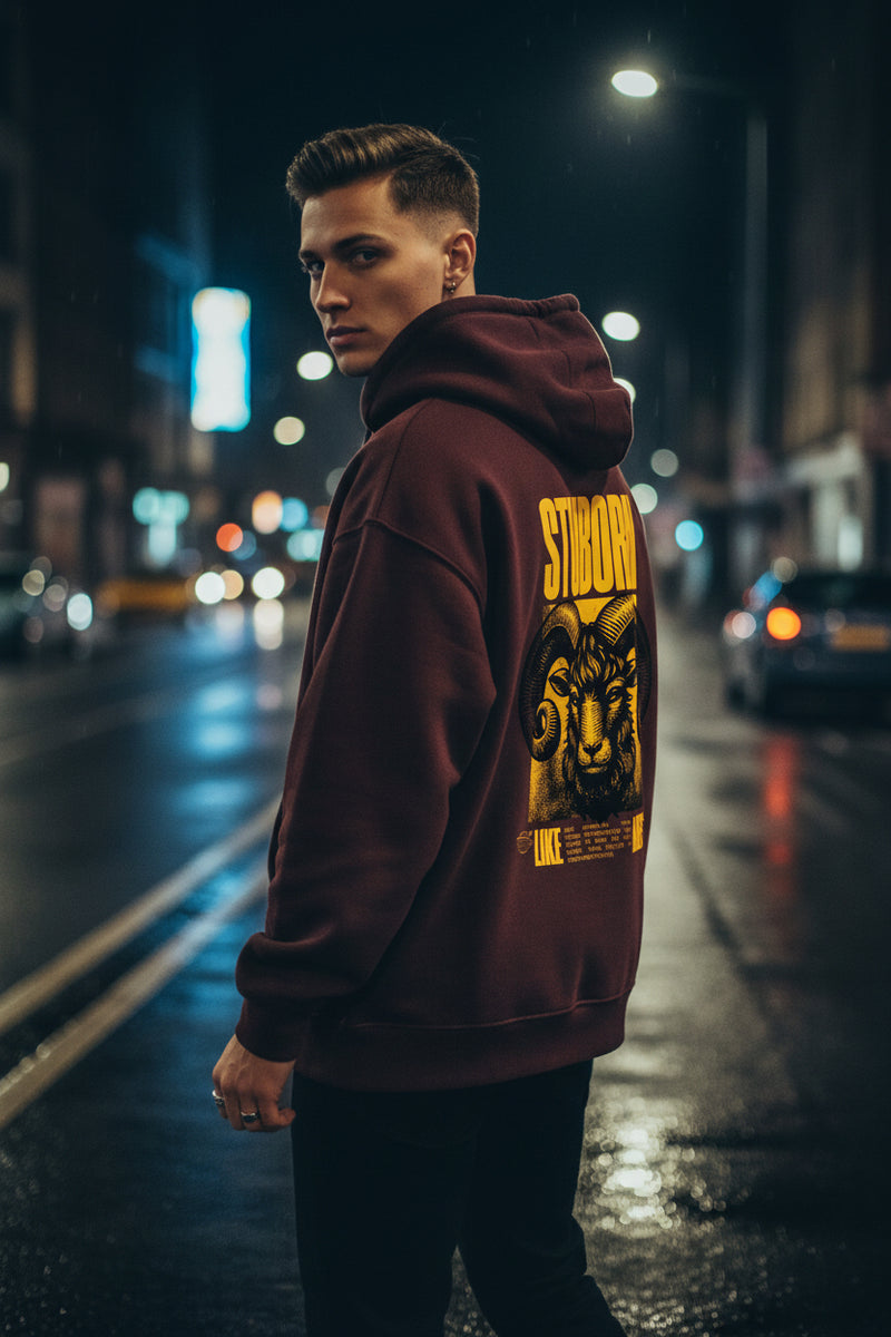 Maroon hoodie with yellow graphic and text on a white background
