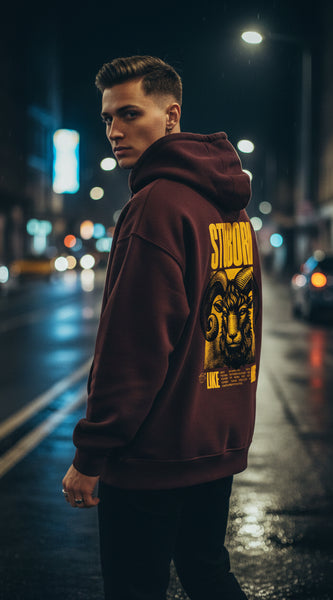 Maroon hoodie with yellow graphic and text on a white background