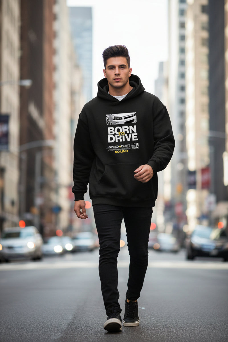Black hoodie with a white logo on a white background