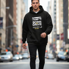 Black hoodie with a white logo on a white background