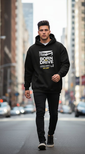 Black hoodie with a white logo on a white background