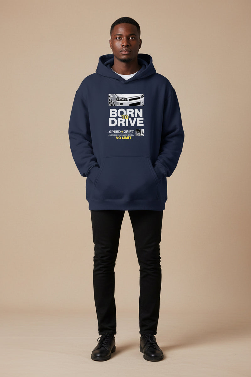 Navy blue hoodie with 'Born to Drive' graphic on a white background