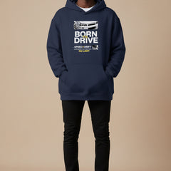 Navy blue hoodie with 'Born to Drive' graphic on a white background
