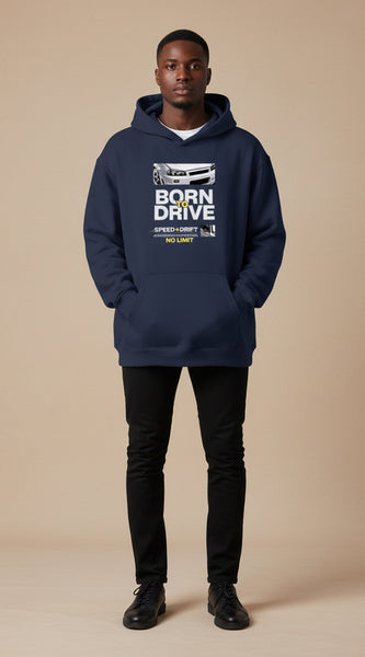 Navy blue hoodie with 'Born to Drive' graphic on a white background