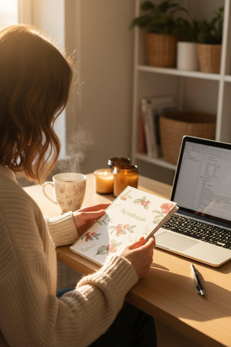 Notebook with floral design, glasses, and laptop on a white surface