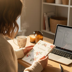 Notebook with floral design, glasses, and laptop on a white surface