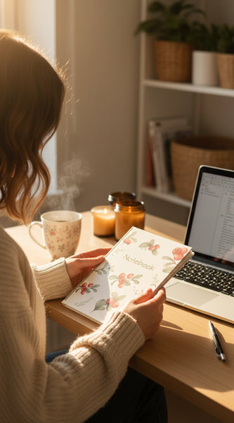 Notebook with floral design, glasses, and laptop on a white surface