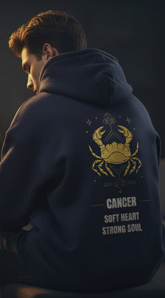 Navy blue hoodie with yellow crab design and text on the back against a light gray background