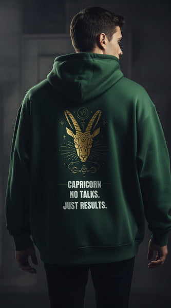 Green hoodie with a crab design and text on the back against a white background