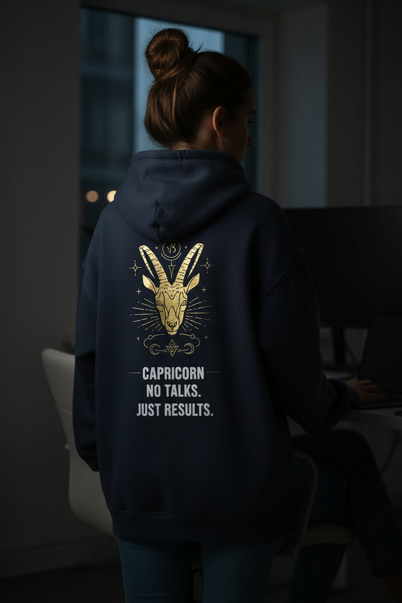Navy blue hoodie with yellow crab design and text on the back against a light gray background