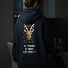 Navy blue hoodie with yellow crab design and text on the back against a light gray background