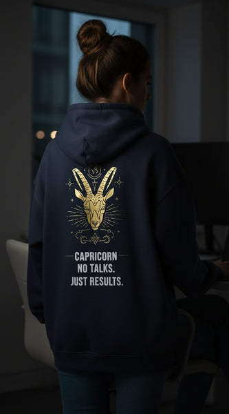 Navy blue hoodie with yellow crab design and text on the back against a light gray background