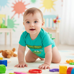 Blue baby onesie with a green dinosaur design and 'Cute Dino' text on a white background