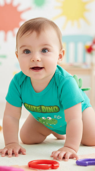 Blue baby onesie with a green dinosaur design and 'Cute Dino' text on a white background