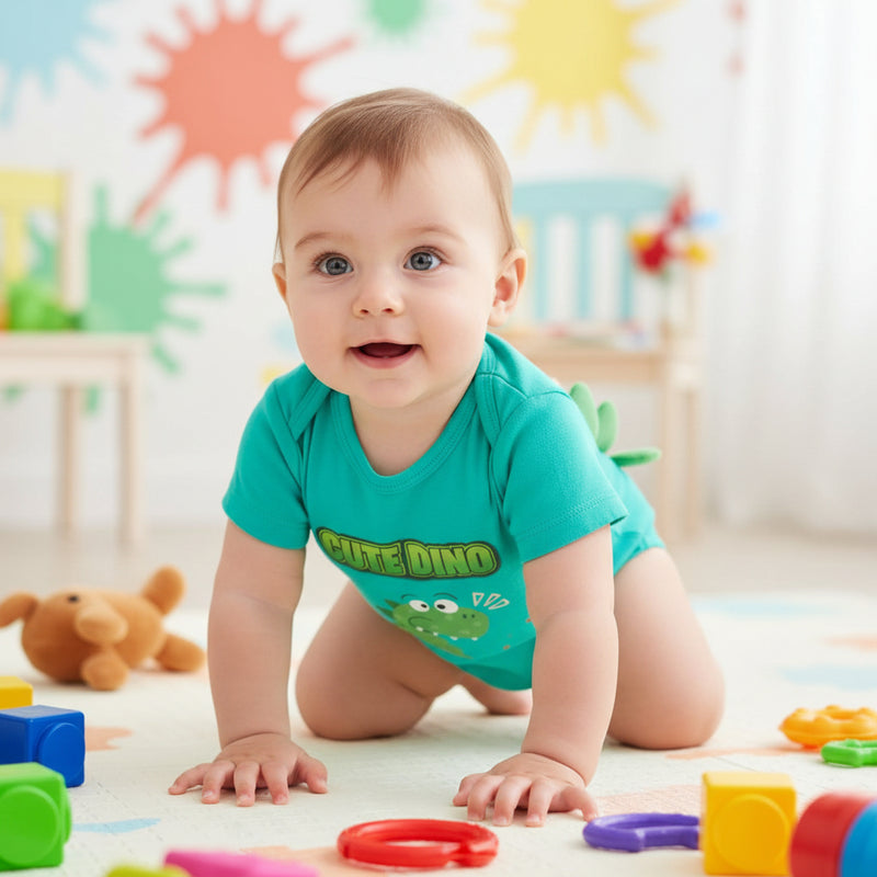Blue baby onesie with a green dinosaur design and 'Cute Dino' text on a white background