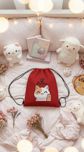 Red drawstring bag with a cat illustration and text on a light gray background