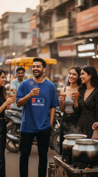 Navy blue t-shirt with 'Need Chai' graphic on a white background