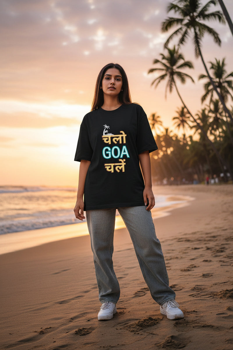 Black t-shirt with colorful text and palm tree design on a white background