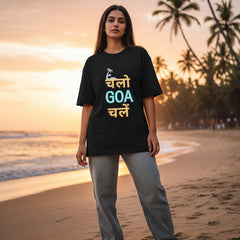 Black t-shirt with colorful text and palm tree design on a white background
