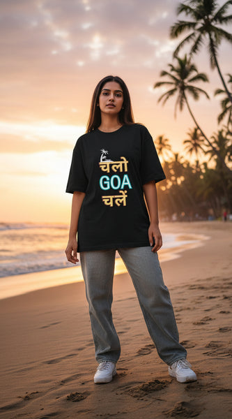 Black t-shirt with colorful text and palm tree design on a white background