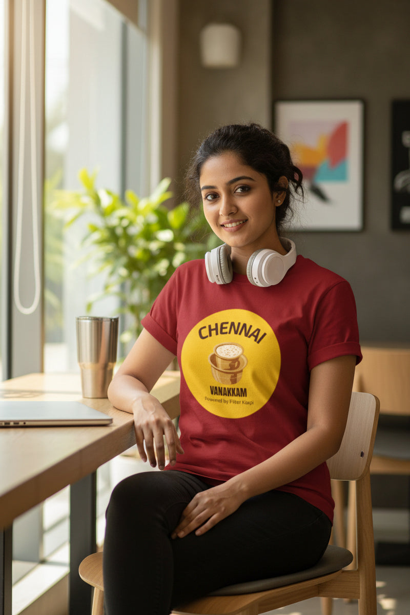 Red t-shirt with a yellow circular design featuring 'Chennai' and 'Vanakkam' on a white background