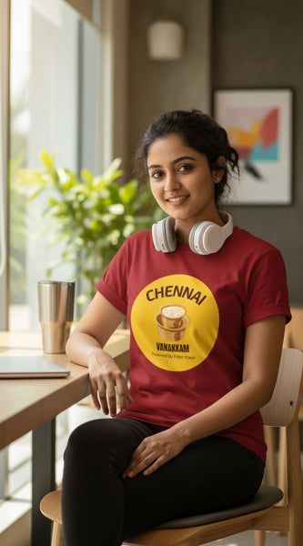 Red t-shirt with a yellow circular design featuring 'Chennai' and 'Vanakkam' on a white background