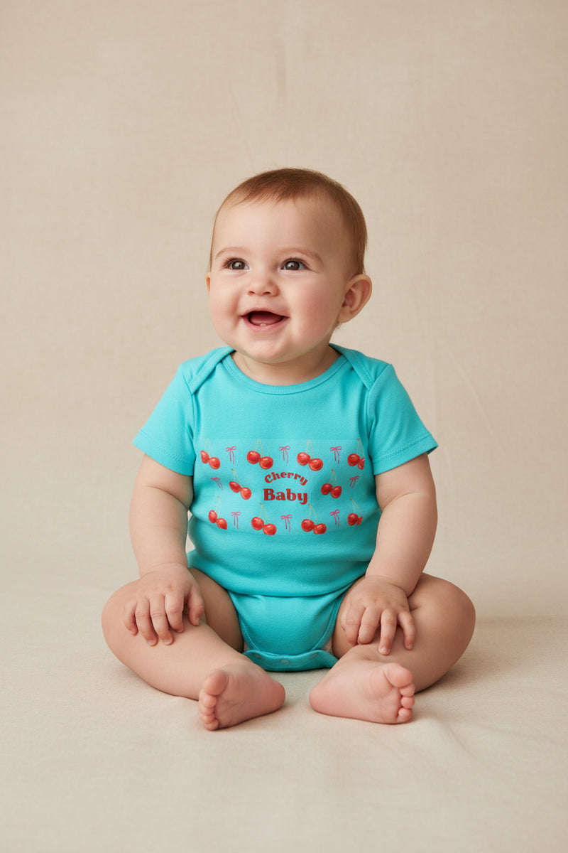 Blue baby onesie with red cherry design and 'Cherry Baby' text on a white background