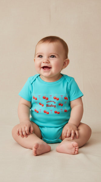 Blue baby onesie with red cherry design and 'Cherry Baby' text on a white background