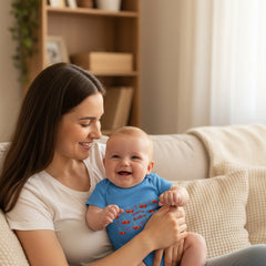 Blue baby onesie with cherry design and text on a white background
