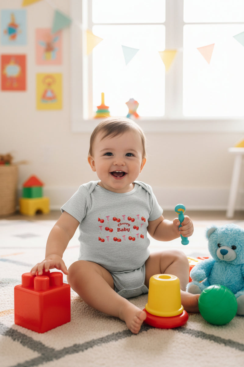 Gray baby onesie with red cherry design and 'Cherry Baby' text on a white background
