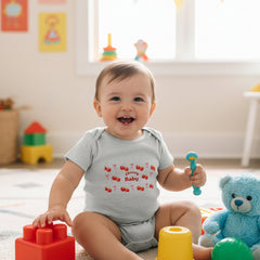 Gray baby onesie with red cherry design and 'Cherry Baby' text on a white background