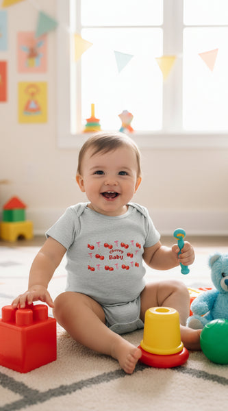 Gray baby onesie with red cherry design and 'Cherry Baby' text on a white background