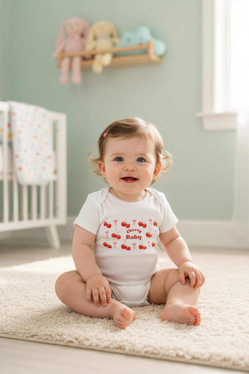White baby onesie with red cherry design and 'Cherry Baby' text on a white background