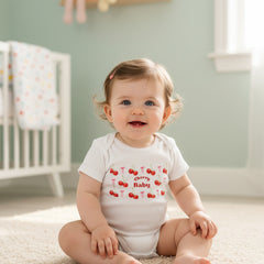 White baby onesie with red cherry design and 'Cherry Baby' text on a white background