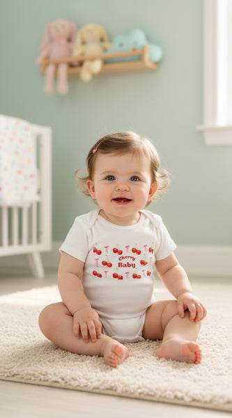 White baby onesie with red cherry design and 'Cherry Baby' text on a white background