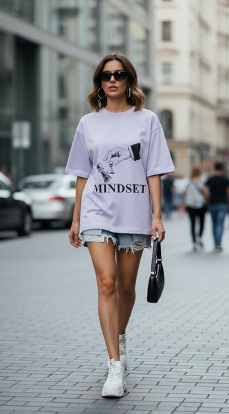 Light purple t-shirt with graphic design and 'MINDSET' text on a white background