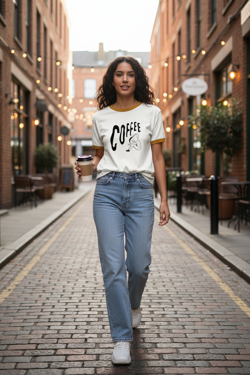 White t-shirt with brown trim featuring the word 'COFFEE' and a graphic of a person holding a coffee cup.