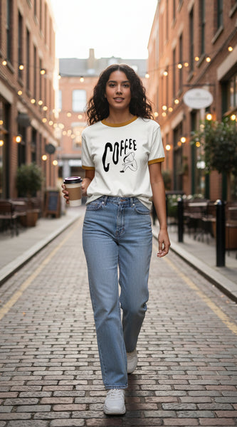 White t-shirt with brown trim featuring the word 'COFFEE' and a graphic of a person holding a coffee cup.