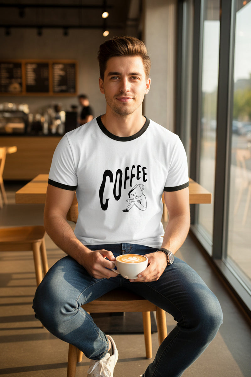 White t-shirt with black ringer sleeves and 'COFFEE' text on a white background