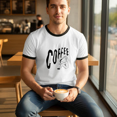 White t-shirt with black ringer sleeves and 'COFFEE' text on a white background