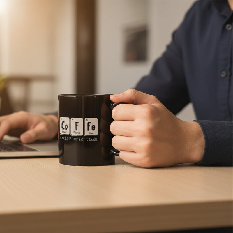 Two black mugs with periodic table elements spelling 'Coffee' on a beige background with colorful candies.