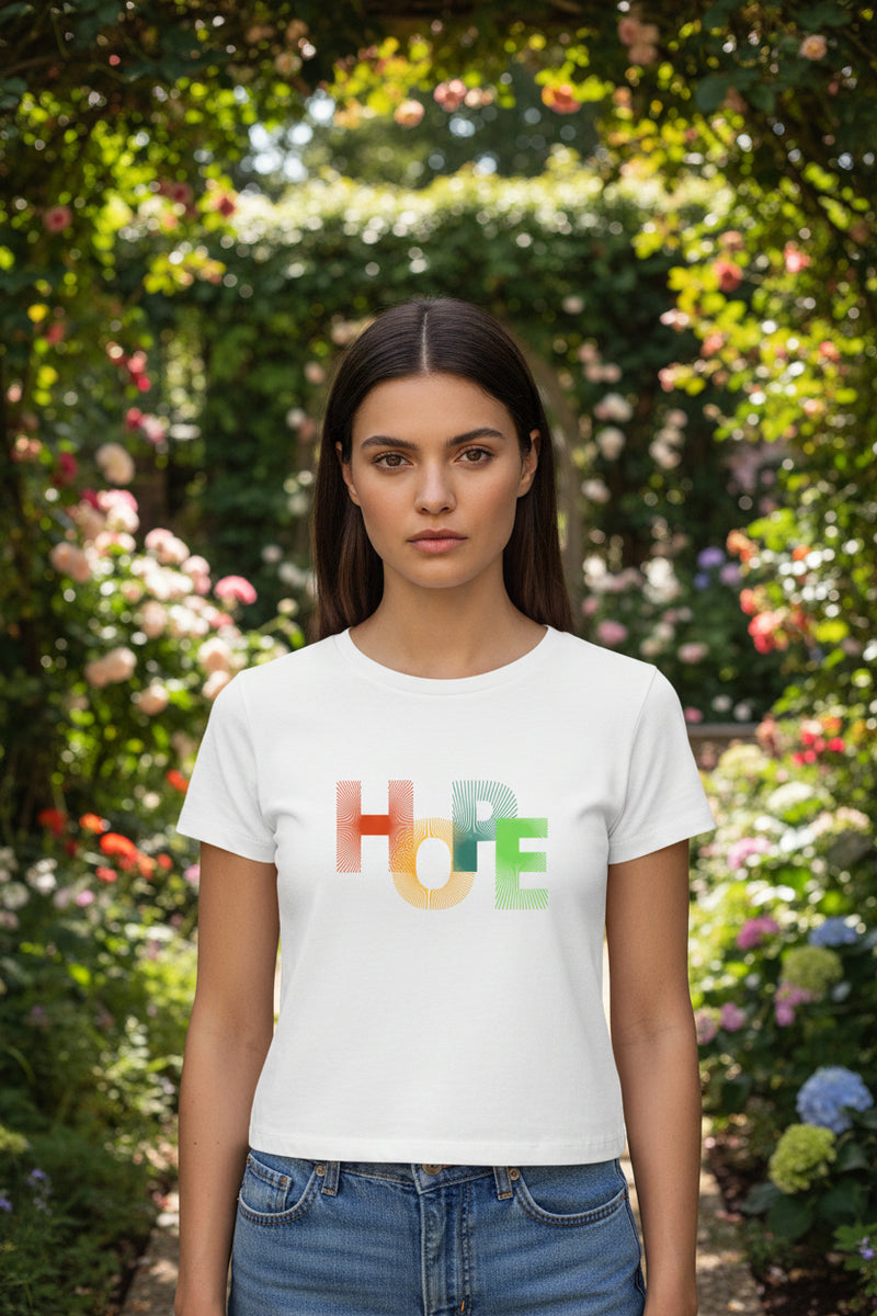 White t-shirt with 'HOPE' in colorful letters on a white background